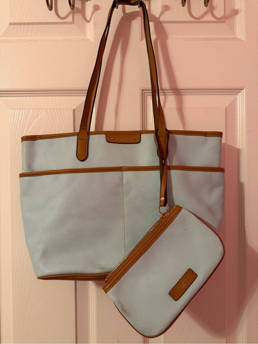 Rosetti Light Blue Tote with Tan Trim and Matching Wristlet